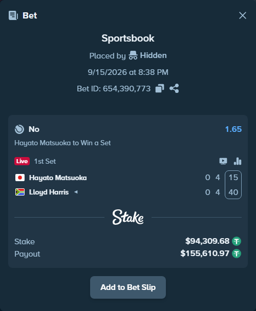 Bet slip: Hayato Matsuoka - Lloyd Harris, $94,309.68 stake at 1.65 odds, placed by Hidden