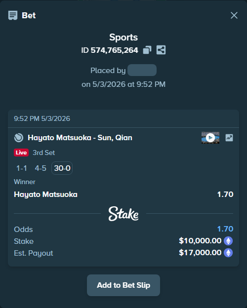 Bet slip: Hayato Matsuoka - Qian Sun, $7,452.82 stake at 1.70 odds, placed by AustinAlgamus