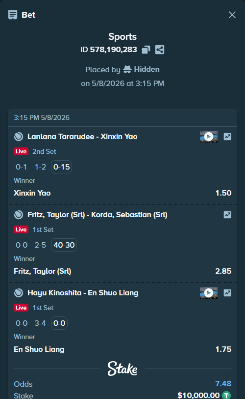 Bet slip: Hayu Kinoshita - En Shuo Liang, $10,000.00 stake at 1.75 odds, placed by Hidden