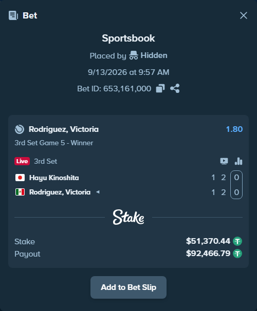 Bet slip: Hayu Kinoshita - Rodriguez, Victoria, $51,370.44 stake at 1.80 odds, placed by Hidden