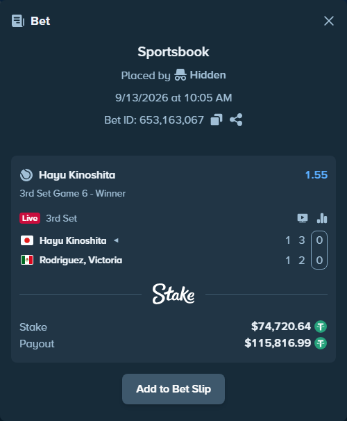 Bet slip: Hayu Kinoshita - Rodriguez, Victoria, $74,720.64 stake at 1.55 odds, placed by Hidden