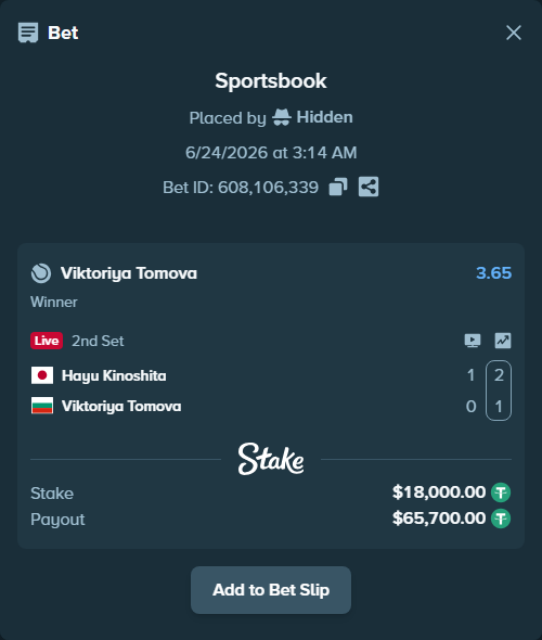 Bet slip: Hayu Kinoshita - Viktoriya Tomova, $18,018.00 stake at 3.65 odds, placed by Hidden
