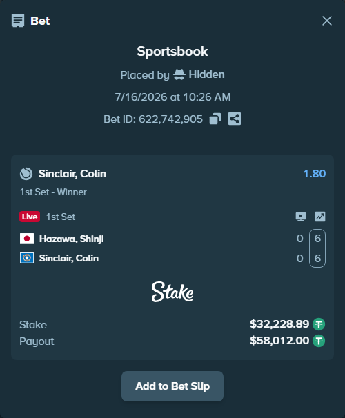 Bet slip: Hazawa, Shinji - Sinclair, Colin, $32,261.12 stake at 1.80 odds, placed by Hidden