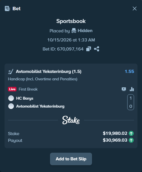 Bet slip: HC Barys - Avtomobilist Yekaterinburg, $20,000.00 stake at 1.55 odds, placed by Hidden