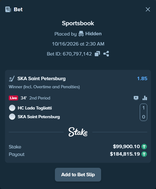 Bet slip: HC Lada Togliatti - SKA Saint Petersburg, $100,000.00 stake at 1.85 odds, placed by Hidden