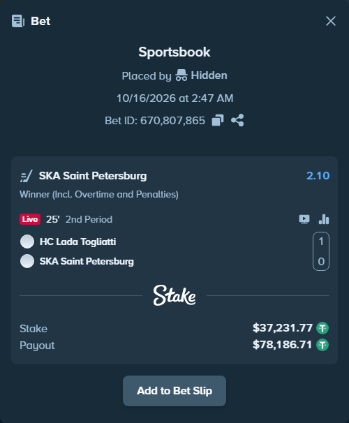 Bet slip: HC Lada Togliatti - SKA Saint Petersburg, $37,269.00 stake at 2.10 odds, placed by Hidden