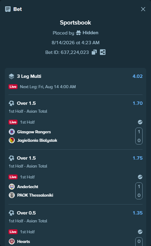 Bet slip: Hearts - Benfica, $146,479.77 stake at 1.35 odds, placed by Hidden