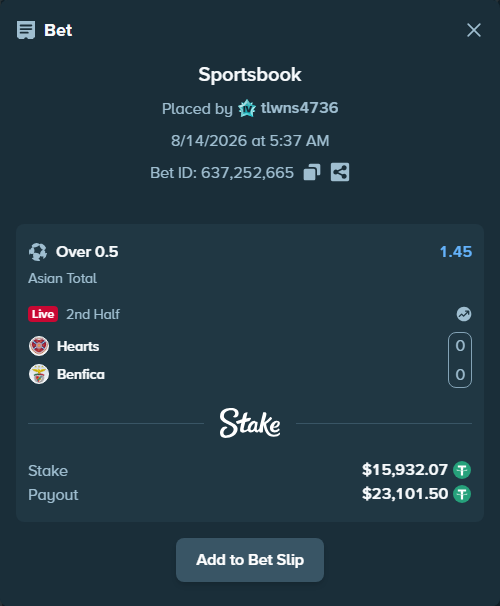 Bet slip: Hearts - Benfica, $15,948.00 stake at 1.45 odds, placed by tlwns4736