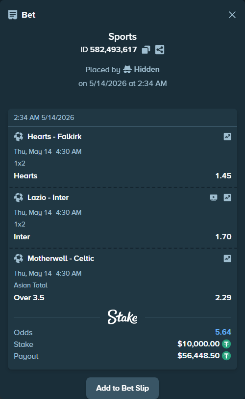 Bet slip: Hearts - Falkirk, $10,000.00 stake at 1.45 odds, placed by Hidden