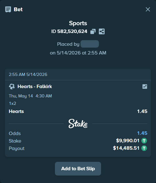 Bet slip: Hearts - Falkirk, $10,000.00 stake at 1.45 odds, placed by LambH2