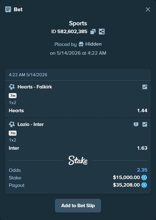 Bet slip: Hearts - Falkirk, $15,000.00 stake at 1.44 odds, placed by Hidden