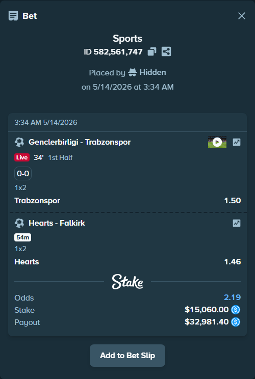 Bet slip: Hearts - Falkirk, $15,060.00 stake at 1.46 odds, placed by Hidden