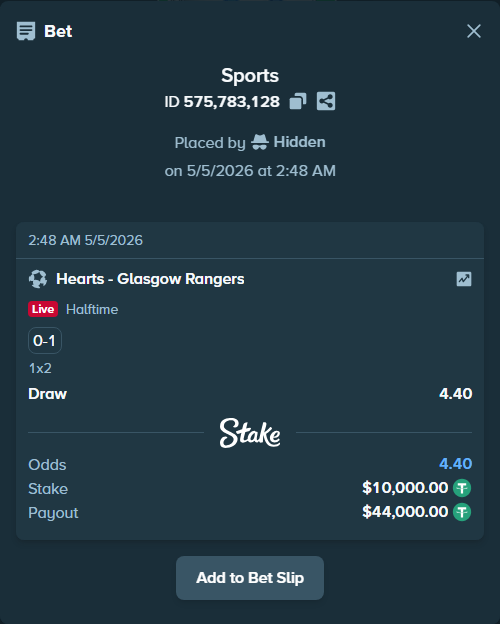 Bet slip: Hearts - Glasgow Rangers, $10,000.00 stake at 4.40 odds, placed by Hidden