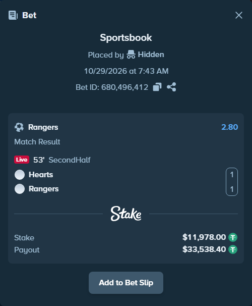 Bet slip: Hearts - Glasgow Rangers, $11,989.98 stake at 2.80 odds, placed by Othmane2kiks