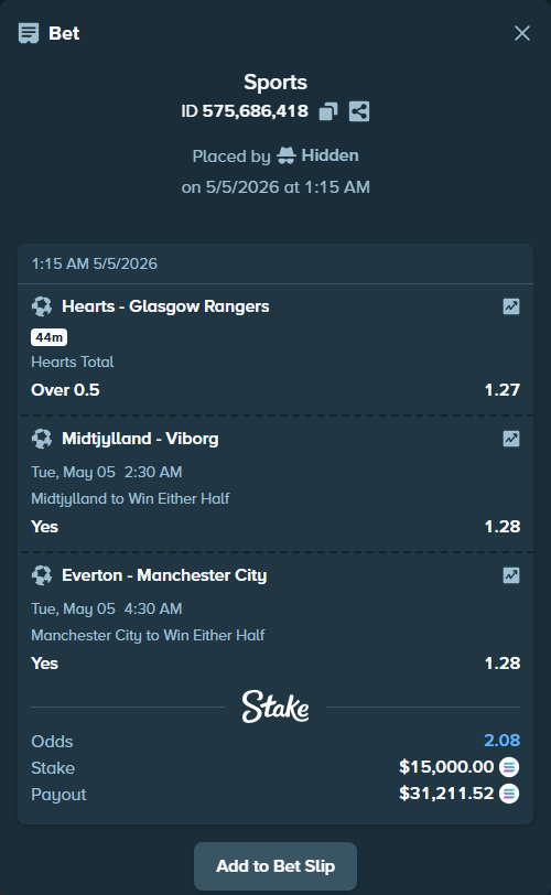 Bet slip: Hearts - Glasgow Rangers, $13,079.21 stake at 1.27 odds, placed by Hidden