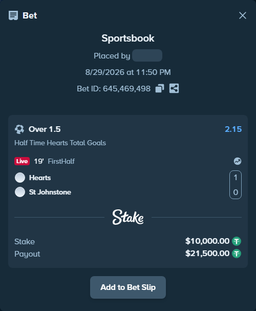 Bet slip: Hearts - St. Johnstone FC, $10,000.00 stake at 2.15 odds, placed by tlwns4736