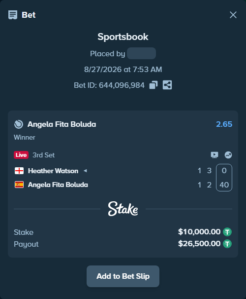 Bet slip: Heather Watson - Angela Fita Boluda, $10,000.00 stake at 2.65 odds, placed by WinTr10