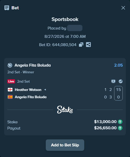 Bet slip: Heather Watson - Angela Fita Boluda, $13,000.00 stake at 2.05 odds, placed by Mishobg86