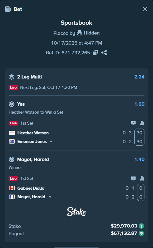 Bet slip: Heather Watson - Emerson Jones, $30,000.00 stake at 1.60 odds, placed by Hidden