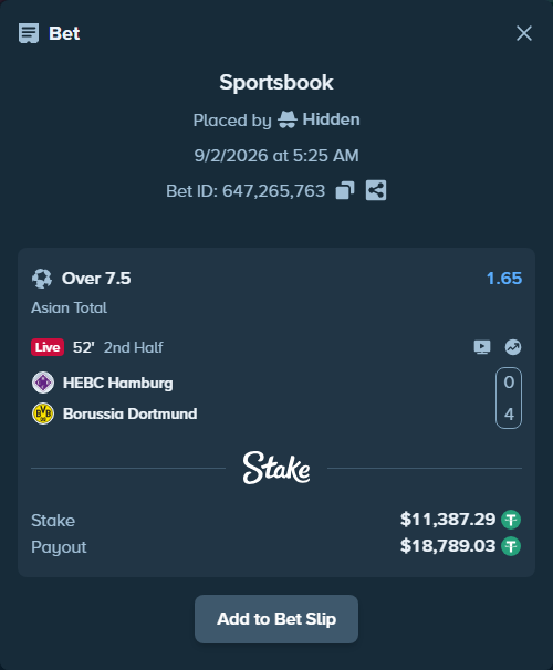 Bet slip: HEBC Hamburg - Borussia Dortmund, $11,387.29 stake at 1.65 odds, placed by Hidden