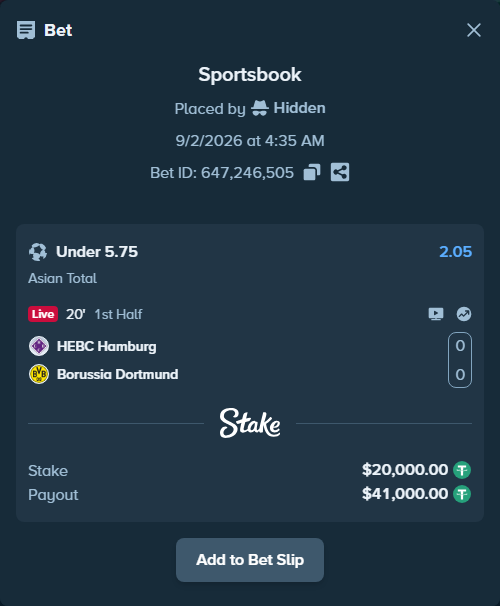 Bet slip: HEBC Hamburg - Borussia Dortmund, $20,000.00 stake at 2.05 odds, placed by Hidden