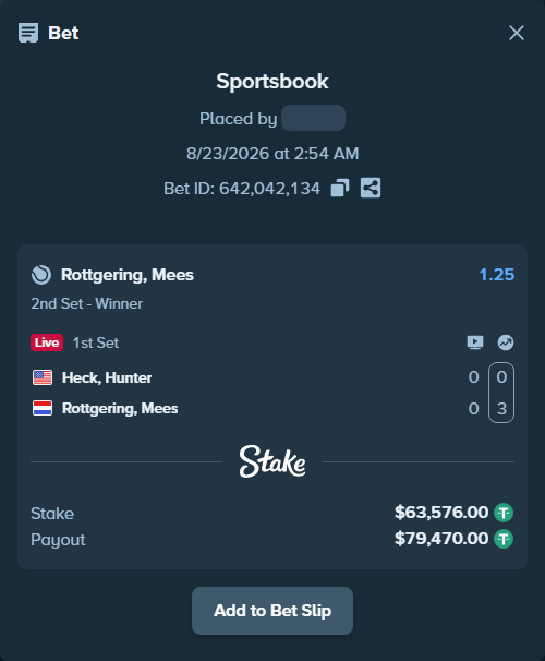 Bet slip: Heck, Hunter - Rottgering, Mees, $63,576.00 stake at 1.25 odds, placed by ayoflasher