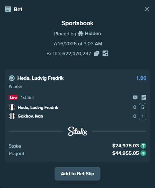 Bet slip: Hede, Ludvig Fredrik - Gakhov, Ivan, $25,000.00 stake at 1.80 odds, placed by Hidden
