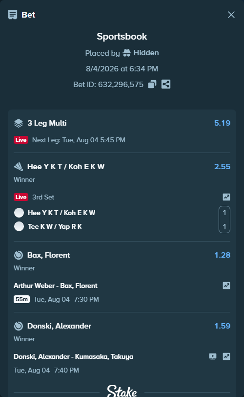 Bet slip: Hee Y K T / Koh E K W - Tee K W / Yap R K, $15,000.00 stake at 2.55 odds, placed by Hidden