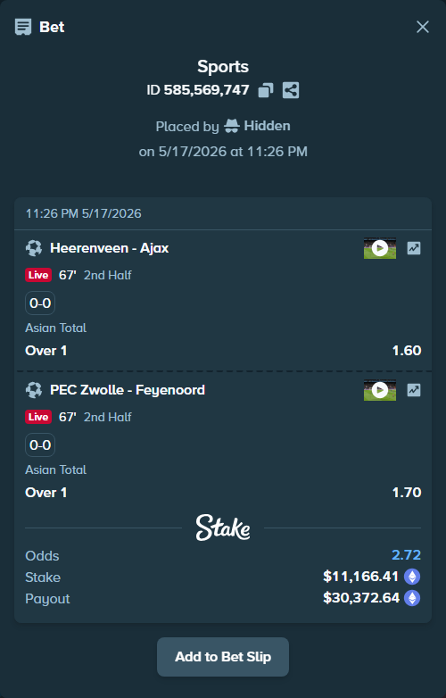 Bet slip: Heerenveen - Ajax, $8,830.04 stake at 1.60 odds, placed by Hidden