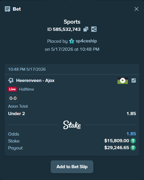Bet slip: Heerenveen - Ajax, $15,809.00 stake at 1.85 odds, placed by sp4ceship