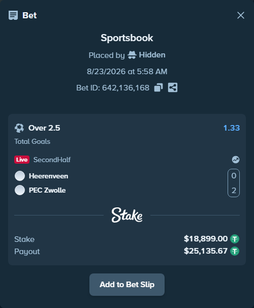 Bet slip: Heerenveen - PEC Zwolle, $18,899.00 stake at 1.33 odds, placed by Hidden