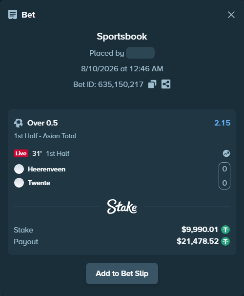 Bet slip: Heerenveen - Twente, $10,000.00 stake at 2.15 odds, placed by tlwns4736