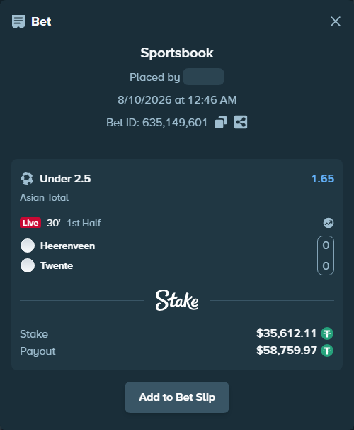 Bet slip: Heerenveen - Twente, $35,647.72 stake at 1.65 odds, placed by guoziqi9