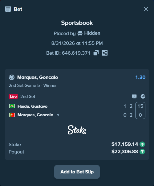 Bet slip: Heide, Gustavo - Marques, Goncalo, $17,159.14 stake at 1.30 odds, placed by Hidden