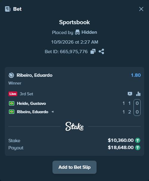 Bet slip: Heide, Gustavo - Ribeiro, Eduardo, $10,370.36 stake at 1.80 odds, placed by itsreezyy
