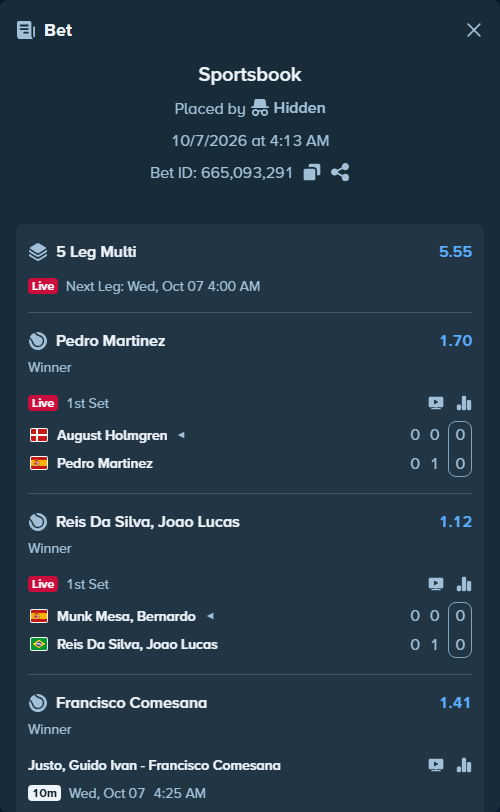 Bet slip: Heide, Gustavo - Zeitune, Maximo, $10,000.00 stake at 1.10 odds, placed by Hidden