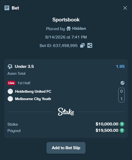Bet slip: Heidelberg United FC - Melbourne City Youth, $10,010.00 stake at 1.95 odds, placed by Hidden