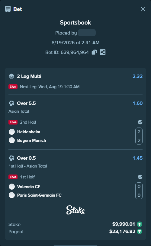 Bet slip: Heidenheim - Bayern Munich, $10,000.00 stake at 1.60 odds, placed by tlwns4736