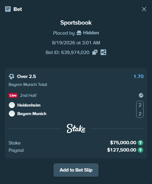Bet slip: Heidenheim - Bayern Munich, $75,075.00 stake at 1.70 odds, placed by Hidden