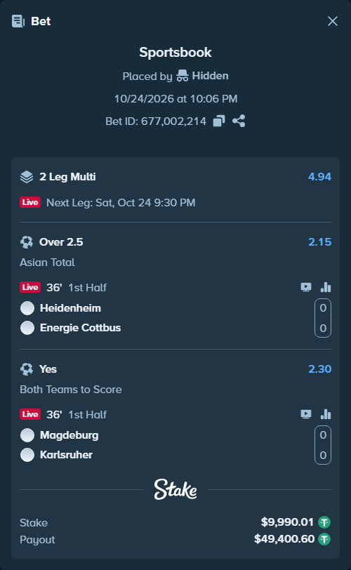 Bet slip: Heidenheim - Energie Cottbus, $10,000.00 stake at 2.15 odds, placed by Hidden
