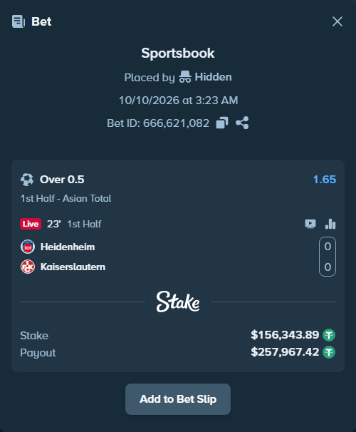 Bet slip: Heidenheim - Kaiserslautern, $156,500.24 stake at 1.65 odds, placed by Hidden