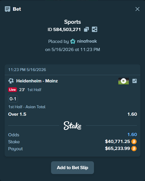 Bet slip: Heidenheim - Mainz, $33,602.07 stake at 1.60 odds, placed by ninafreak