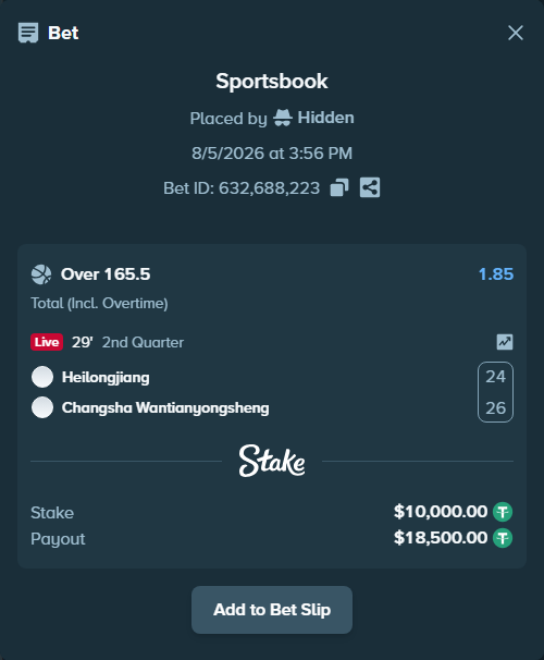 Bet slip: Heilongjiang - Changsha Wantianyongsheng, $10,010.00 stake at 1.85 odds, placed by Hidden