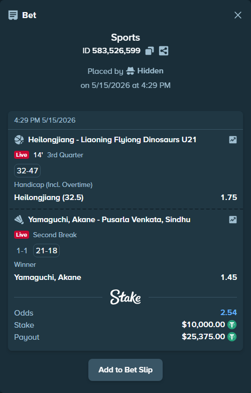 Bet slip: Heilongjiang - Liaoning Flying Leopards, $10,000.00 stake at 1.75 odds, placed by Hidden