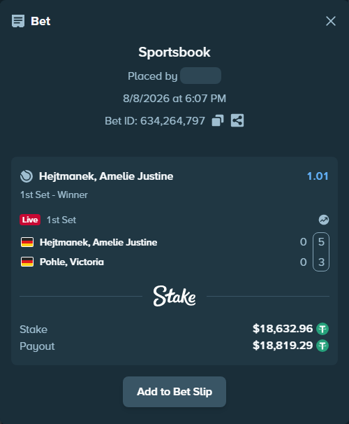Bet slip: Hejtmanek, Amelie Justine - Pohle, Victoria, $18,651.60 stake at 1.01 odds, placed by Dharmraj130