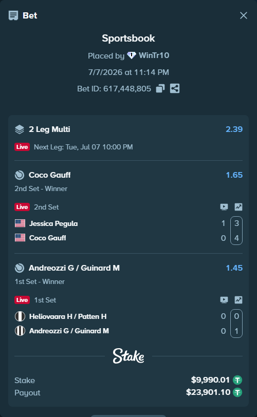 Bet slip: Heliovaara H / Patten H - Andreozzi G / Guinard M, $10,000.00 stake at 1.45 odds, placed by WinTr10