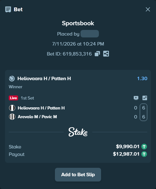 Bet slip: Heliovaara H / Patten H - Arevalo M / Pavic M, $10,000.00 stake at 1.30 odds, placed by Nilsssssss