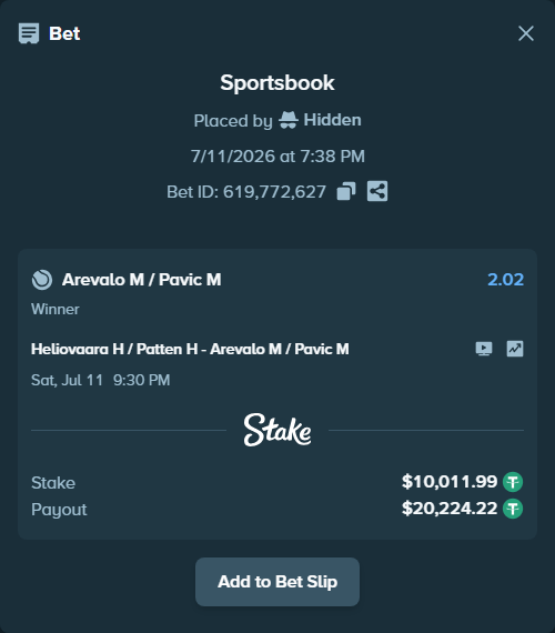 Bet slip: Heliovaara H / Patten H - Arevalo M / Pavic M, $10,022.00 stake at 2.02 odds, placed by Hidden