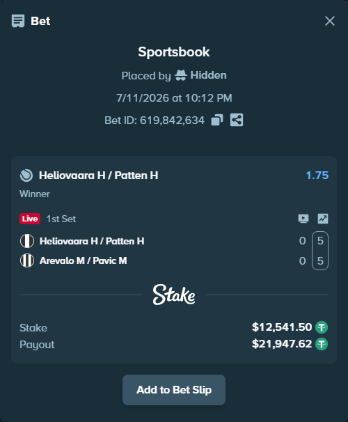 Bet slip: Heliovaara H / Patten H - Arevalo M / Pavic M, $12,554.04 stake at 1.75 odds, placed by Hidden