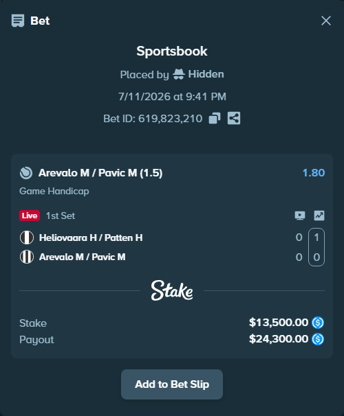 Bet slip: Heliovaara H / Patten H - Arevalo M / Pavic M, $13,500.00 stake at 1.80 odds, placed by Hidden